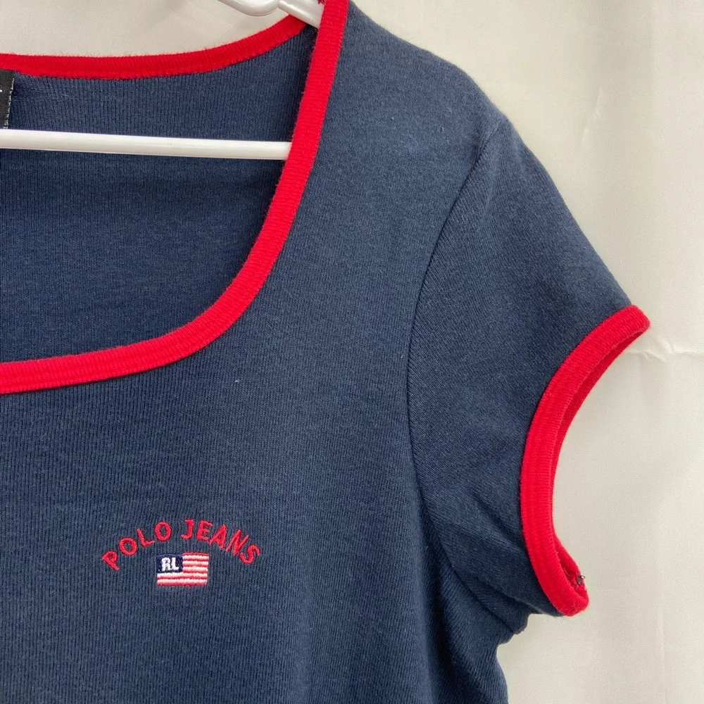 Vintage POLO Jeans Co Ralph Lauren navy blue red scoop neck tshirt dress stretch - Picture 2 of 6